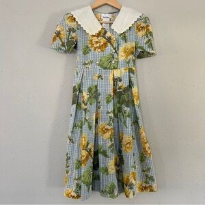 Bonnie Jean Vintage Sunflower Collared Girls Dress 50s 60s Cottagecore 10 Plaid